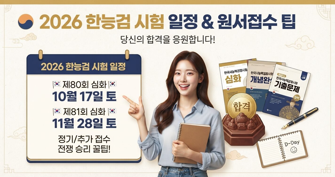 2026년 한국사능력검정시험(한능검) 일정과 원서접수 팁을 안내하는 대표 이미지로, 제80회(10월 17일)와 제81회(11월 28일) 시험 일정 정리
