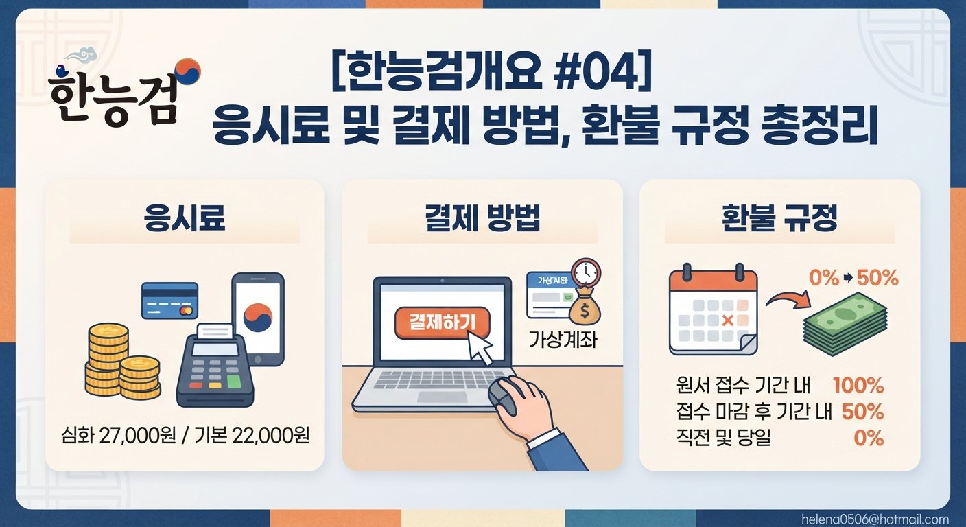 한국사능력검정시험 응시료(심화 27,000원, 기본 22,000원)와 결제 방법, 시기별 환불 규정(100%, 50%, 0%)을 한눈에 정리한 인포그래픽 이미지
