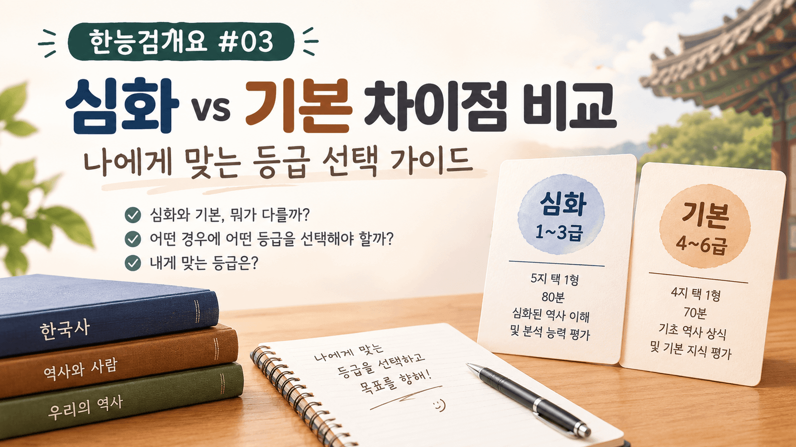 한국사능력검정시험 심화와 기본 등급의 차이점을 비교하고 나에게 맞는 등급 선택 가이드를 안내하는 한능검개요