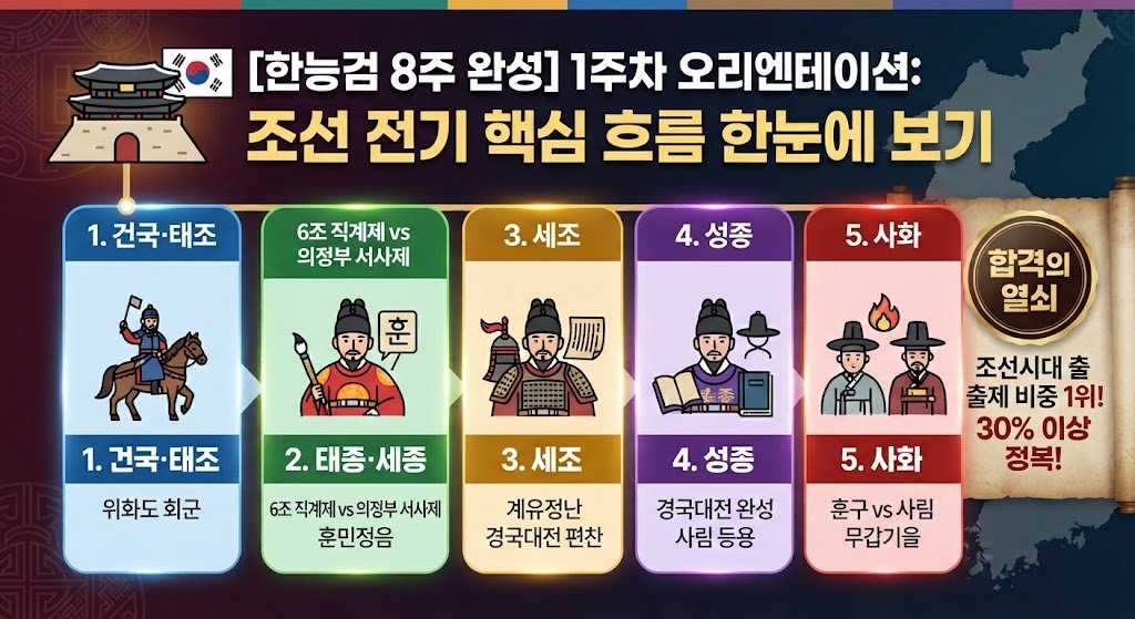 [한능검 8주 완성] 1주차 오리엔테이션 - 조선 전기 핵심 흐름 한눈에 보기" 인포그래픽