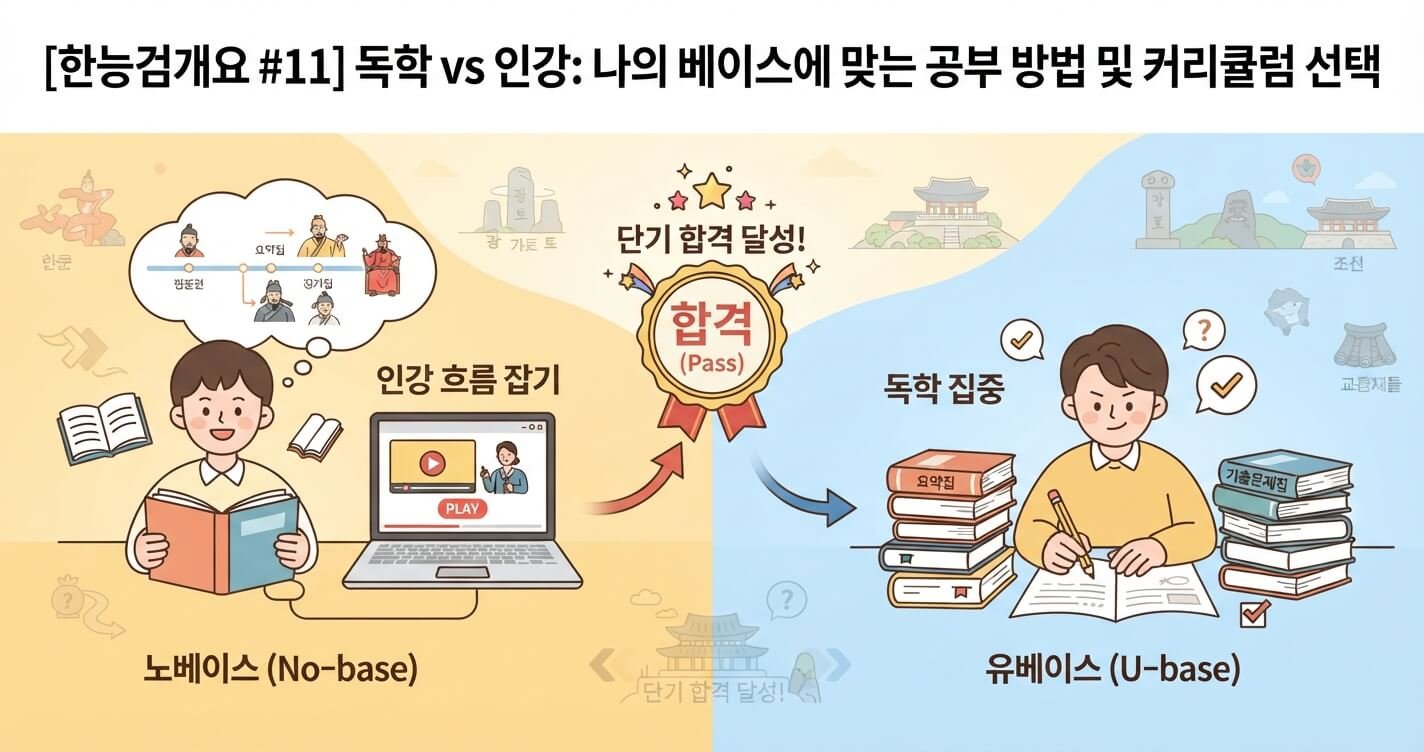 한국사능력검정시험 대비 노베이스 인강 활용과 유베이스 독학 공부법을 비교한 일러스트