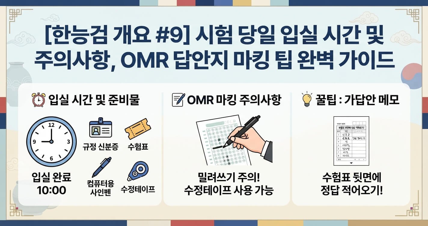 시험 당일 입실 시간, 규정 신분증 및 준비물, OMR 마킹 팁 안내 썸네일