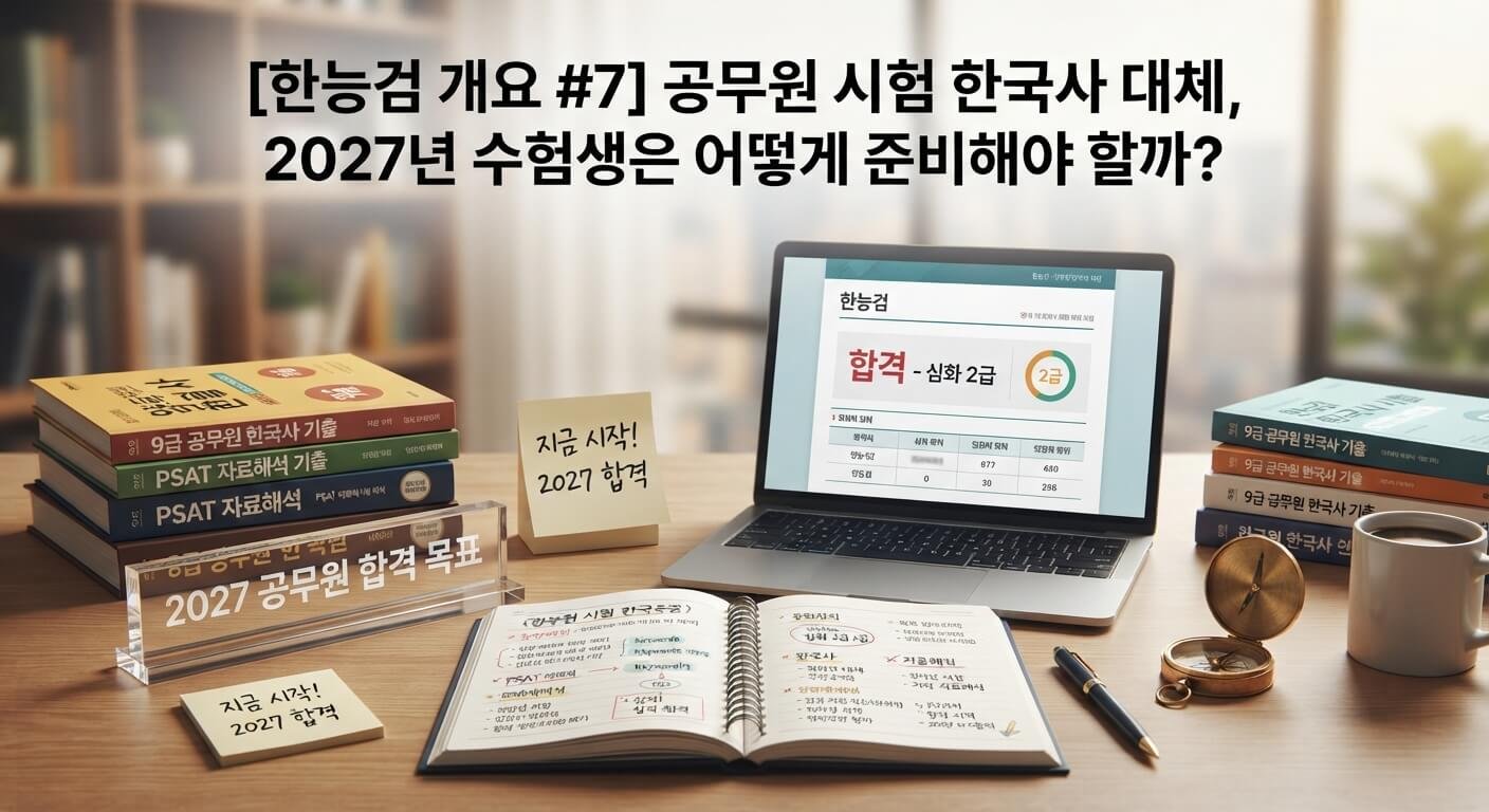 2027년 공무원 시험 한국사 대체 제도를 대비하여 책상 위에서 교재와 노트를 정리